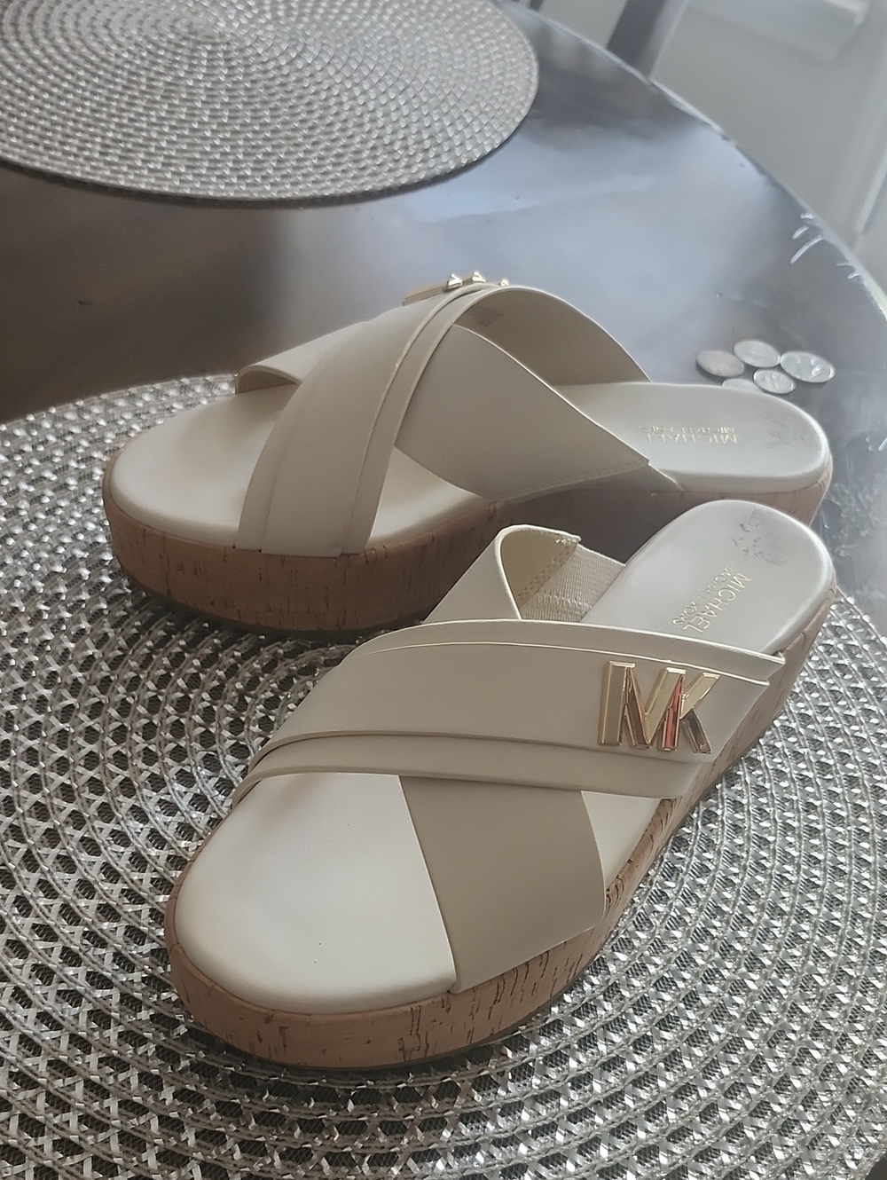 Michael Kors Cream Cross-Strap Cork Platform Slides with Gold MK